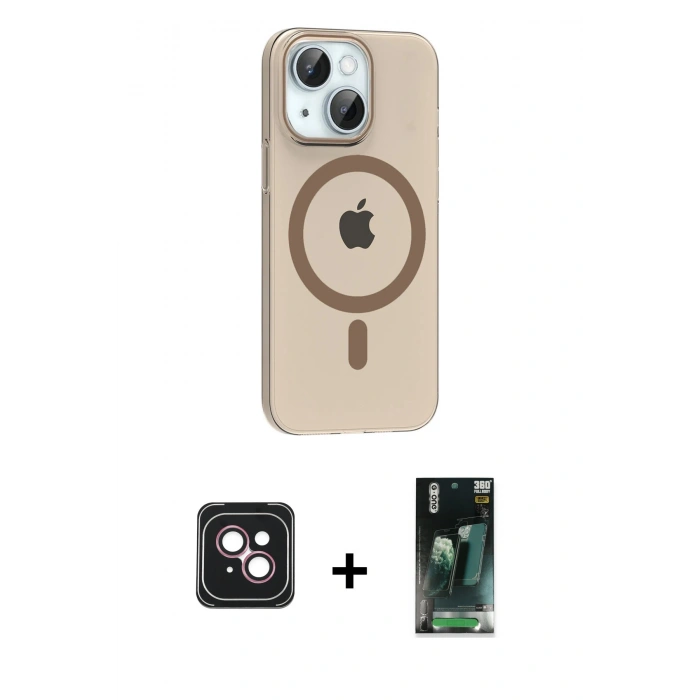 MARSİLYAN™- iPhone 14 Kılıf Pusula Form Özel Seri - Şeffaf 360 Full Body Arka Koruyucu + Pembe PVD Metal Kamera Lens