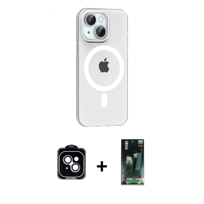 MARSİLYAN™- iPhone 14 Kılıf Pusula Form Özel Seri - Şeffaf 360 Full Body Arka Koruyucu + PVD Metal Kamera Lens - MI
