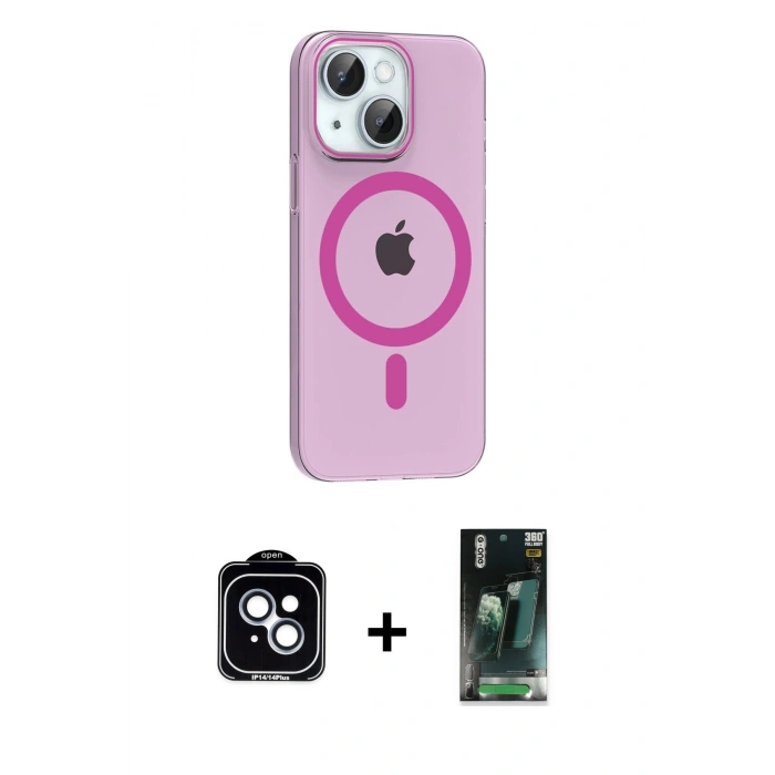 MARSİLYAN™- iPhone 14 Kılıf Pusula Form Özel Seri - Şeffaf 360 Full Body Arka Koruyucu + PVD Metal Kamera Lens - MI