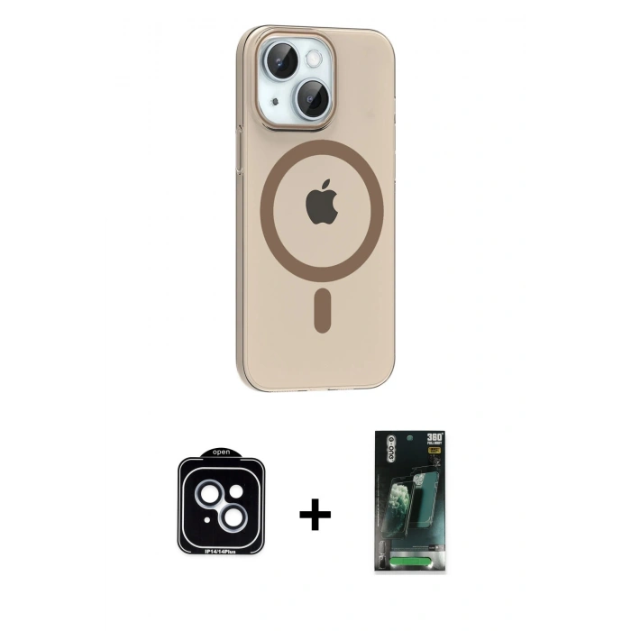 MARSİLYAN™- iPhone 14 Kılıf Pusula Form Özel Seri - Şeffaf 360 Full Body Arka Koruyucu + PVD Metal Kamera Lens - MI