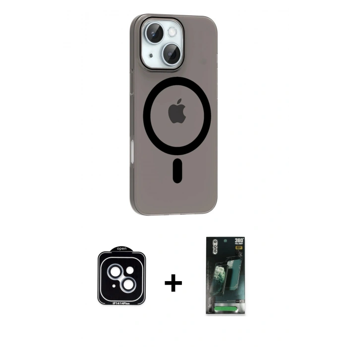MARSİLYAN™- iPhone 14 Kılıf Pusula Form Özel Seri - Şeffaf 360 Full Body Arka Koruyucu + PVD Metal Kamera Lens - MI