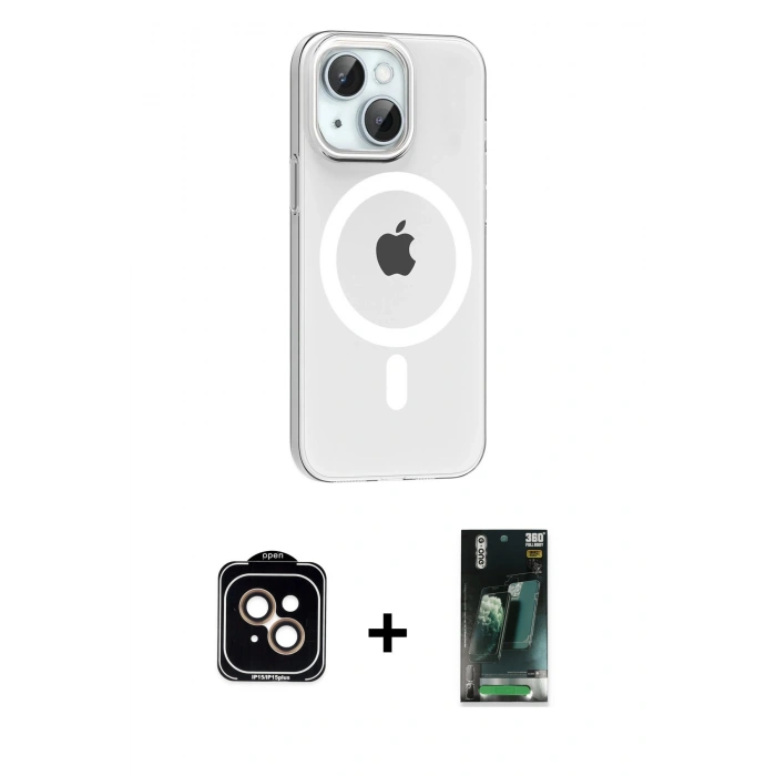 MARSİLYAN™- iPhone 14 Kılıf Pusula Form Özel Seri - Şeffaf 360 Full Body Arka Koruyucu + PVD Metal Kamera Lens - TU