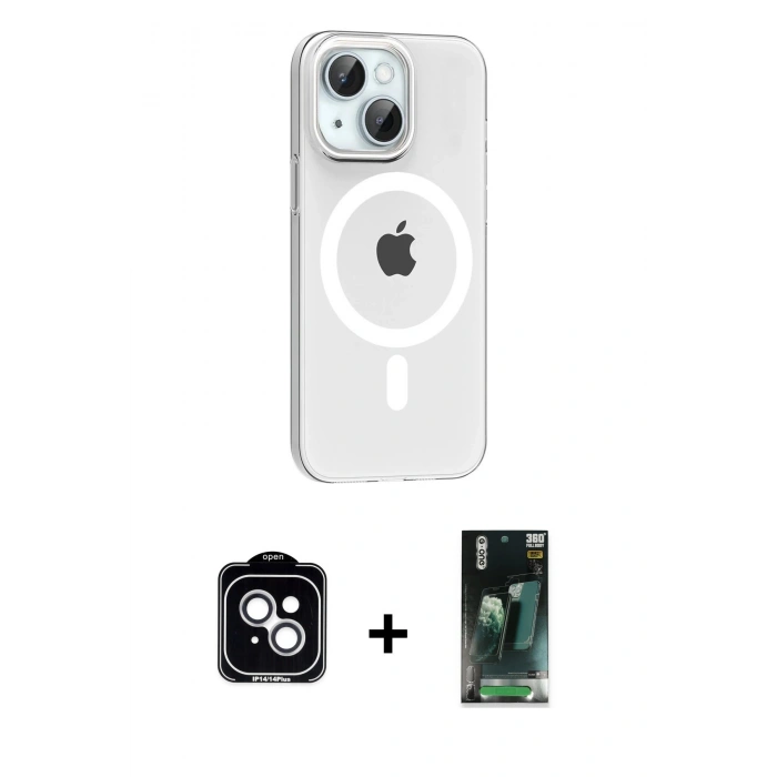 MARSİLYAN™- iPhone 14 Kılıf Pusula Form Özel Seri - Şeffaf 360 Full Body Arka Koruyucu + PVD Metal Kamera Lens - GS