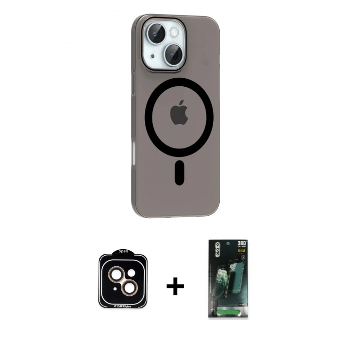 MARSİLYAN™- iPhone 14 Kılıf Pusula Form Özel Seri - Şeffaf 360 Full Body Arka Koruyucu + PVD Metal Kamera Lens - TU