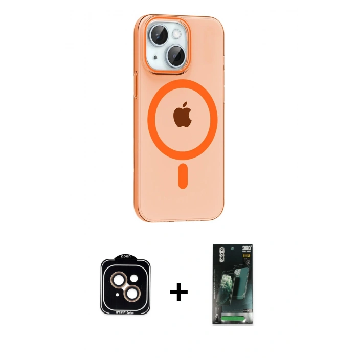 MARSİLYAN™- iPhone 14 Kılıf Pusula Form Özel Seri - Şeffaf 360 Full Body Arka Koruyucu + PVD Metal Kamera Lens - TU