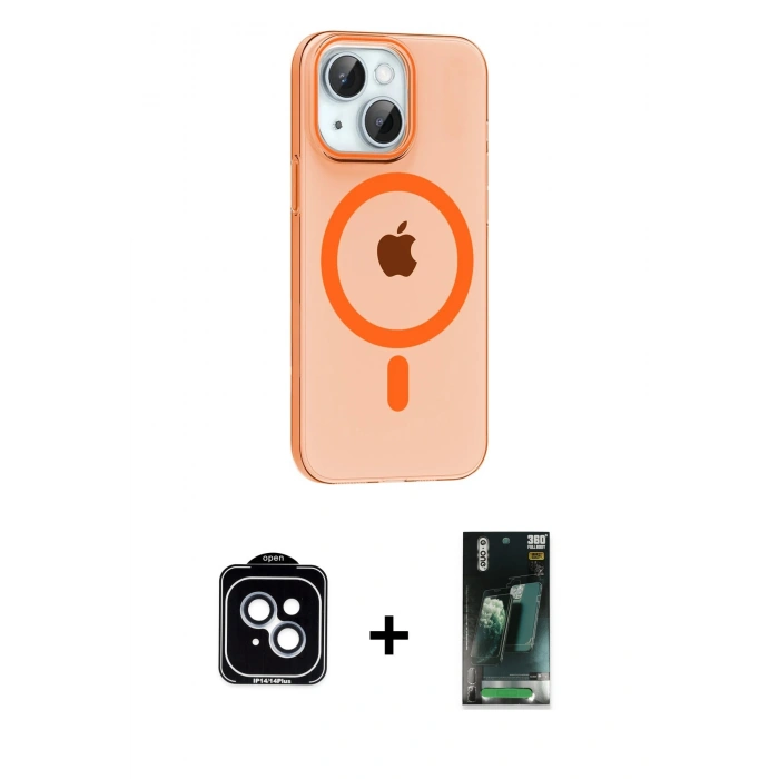MARSİLYAN™- iPhone 14 Kılıf Pusula Form Özel Seri - Şeffaf 360 Full Body Arka Koruyucu + PVD Metal Kamera Lens - MI