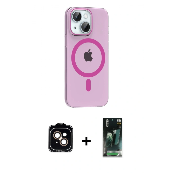MARSİLYAN™- iPhone 14 Kılıf Pusula Form Özel Seri - Şeffaf 360 Full Body Arka Koruyucu + PVD Metal Kamera Lens - TU