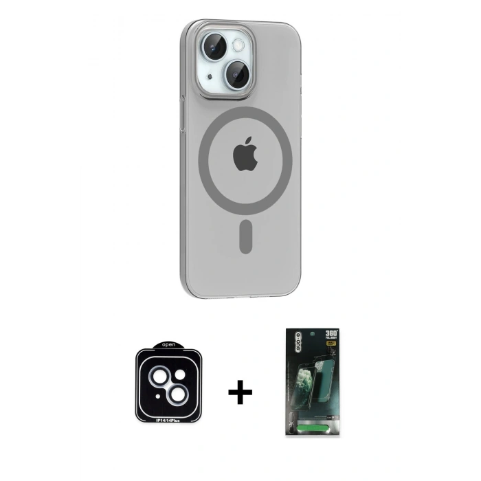 MARSİLYAN™- iPhone 14 Kılıf Pusula Form Özel Seri - Şeffaf 360 Full Body Arka Koruyucu + PVD Metal Kamera Lens - MI