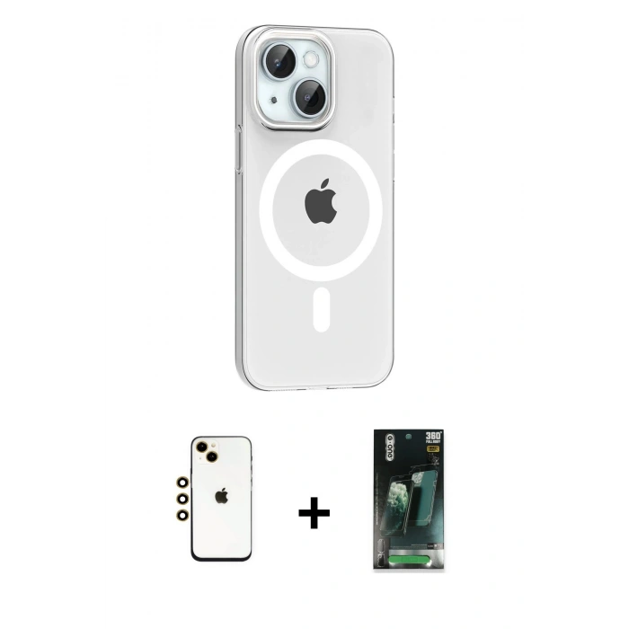MARSİLYAN™- iPhone 14 Kılıf Pusula Form Özel Seri - Şeffaf 360 Full Body Arka Koruyucu + Shine Kamera Lens - GD