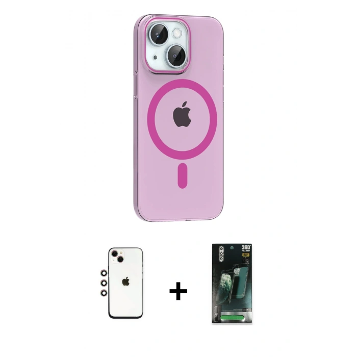 MARSİLYAN™- iPhone 14 Kılıf Pusula Form Özel Seri - Şeffaf 360 Full Body Arka Koruyucu + Shine Kamera Lens - GI