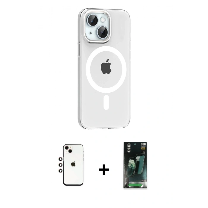 MARSİLYAN™- iPhone 14 Kılıf Pusula Form Özel Seri - Şeffaf 360 Full Body Arka Koruyucu + Shine Kamera Lens - GI