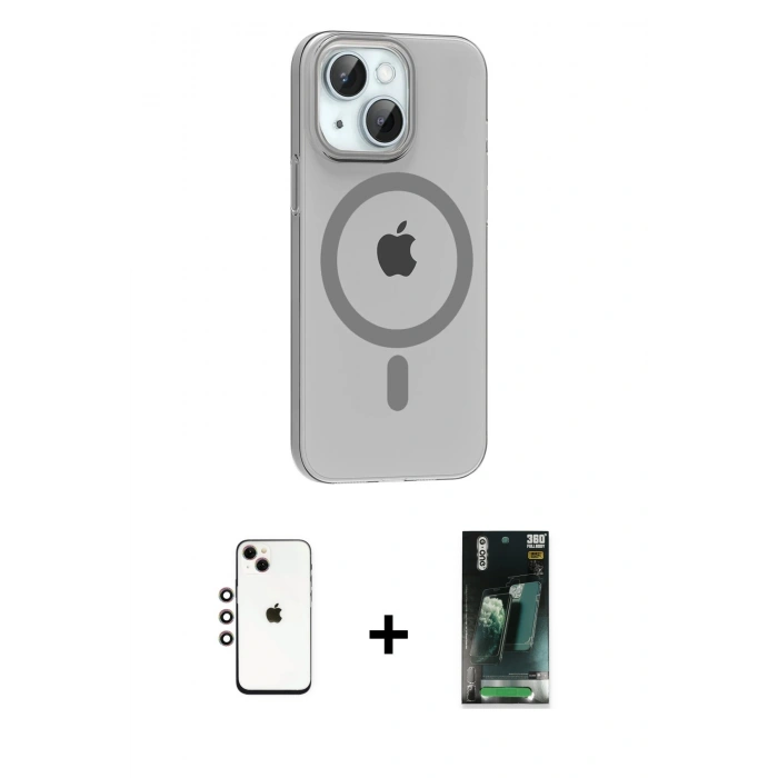 MARSİLYAN™- iPhone 14 Kılıf Pusula Form Özel Seri - Şeffaf 360 Full Body Arka Koruyucu + Shine Kamera Lens - GI
