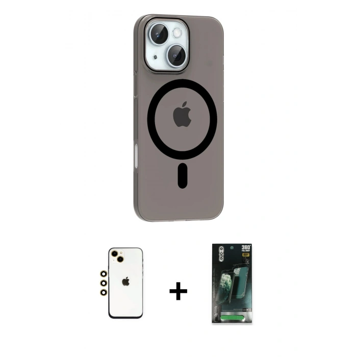 MARSİLYAN™- iPhone 14 Kılıf Pusula Form Özel Seri - Şeffaf 360 Full Body Arka Koruyucu + Shine Kamera Lens - GD