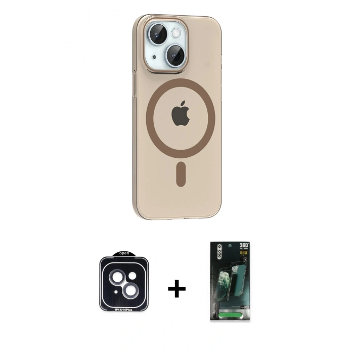 MARSİLYAN™- iPhone 14 Kılıf Pusula Form Özel Seri - Şeffaf 360 Full Body Arka Koruyucu + PVD Metal Kamera Lens - SH