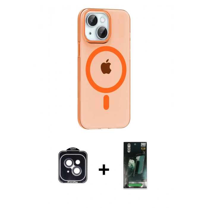 MARSİLYAN™- iPhone 14 Kılıf Pusula Form Özel Seri - Şeffaf 360 Full Body Arka Koruyucu + PVD Metal Kamera Lens - SH