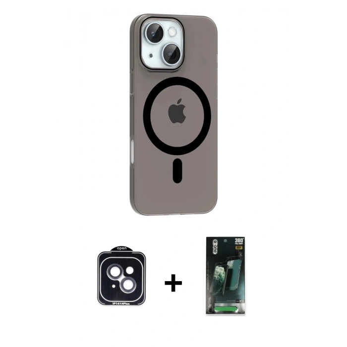 MARSİLYAN™- iPhone 14 Kılıf Pusula Form Özel Seri - Şeffaf 360 Full Body Arka Koruyucu + PVD Metal Kamera Lens - SH