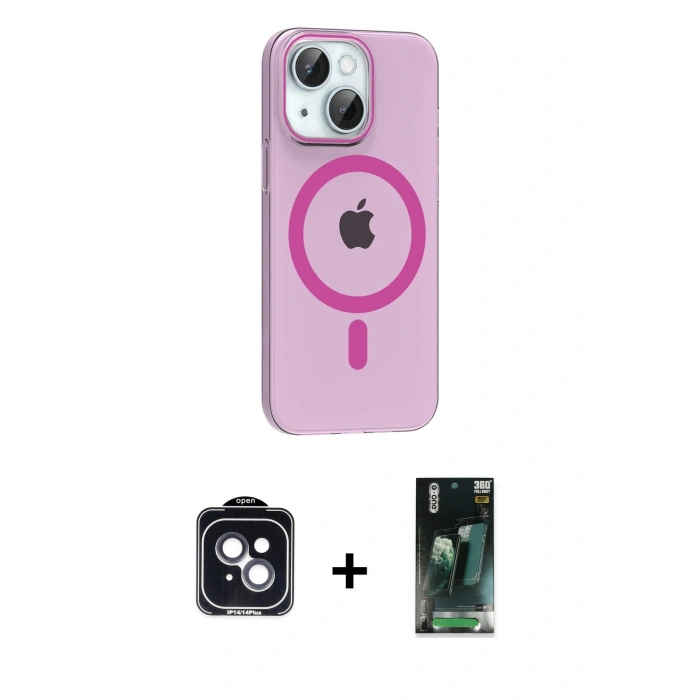 MARSİLYAN™- iPhone 14 Kılıf Pusula Form Özel Seri - Şeffaf 360 Full Body Arka Koruyucu + PVD Metal Kamera Lens - SH