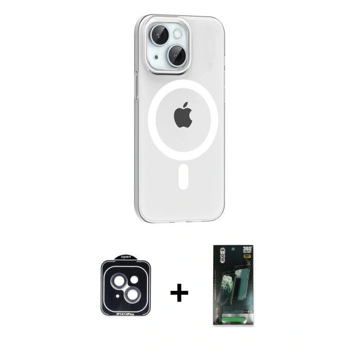 MARSİLYAN™- iPhone 14 Kılıf Pusula Form Özel Seri - Şeffaf 360 Full Body Arka Koruyucu + PVD Metal Kamera Lens - SH