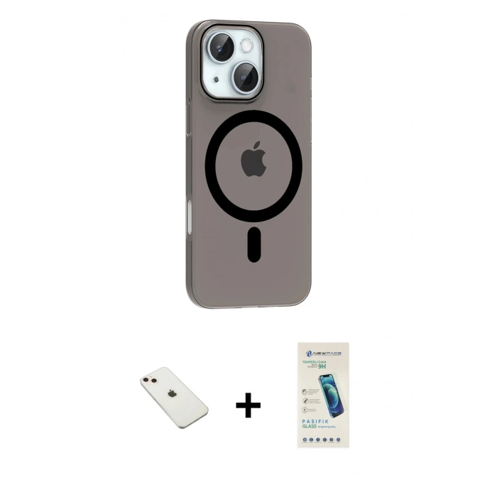 MARSİLYAN™- iPhone 14 Kılıf Pusula Form Özel Seri - Şeffaf Pasifik Cam Ekran Koruyucu + Diamond Kamera Lens - PE