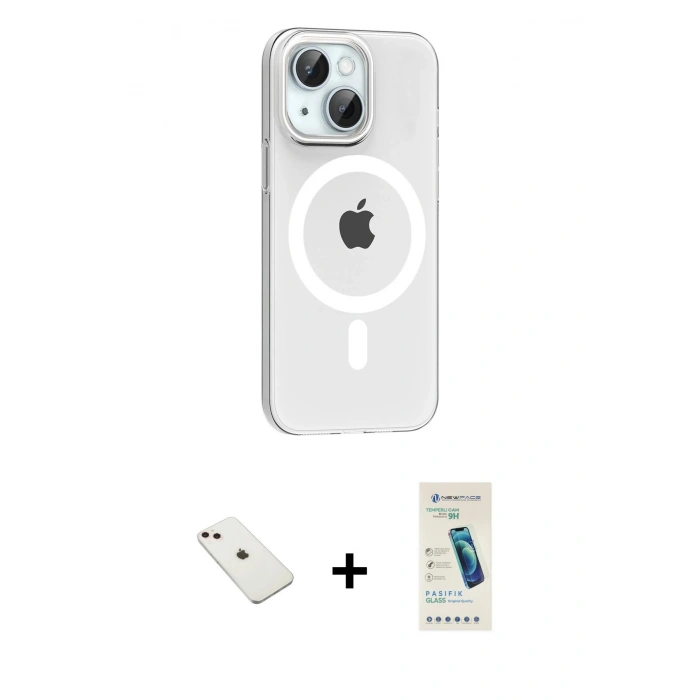 MARSİLYAN™- iPhone 14 Kılıf Pusula Form Özel Seri - Şeffaf Pasifik Cam Ekran Koruyucu + Diamond Kamera Lens - PE