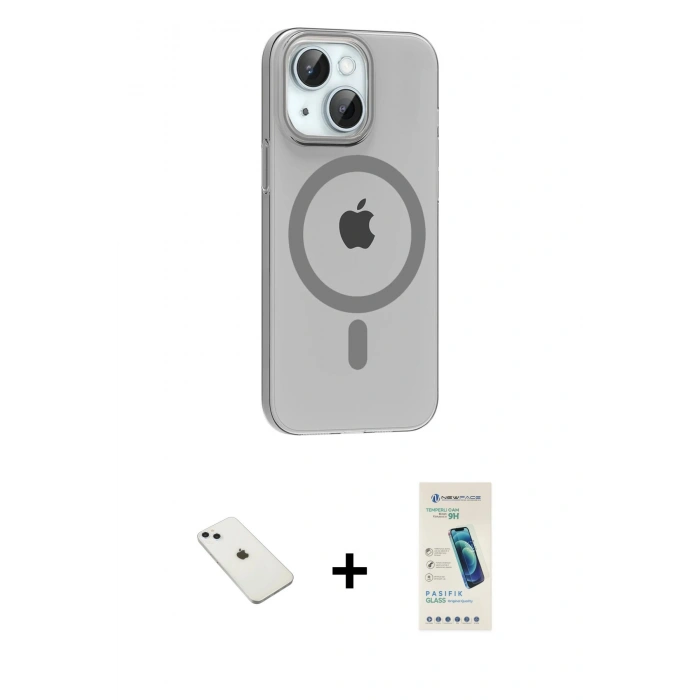 MARSİLYAN™- iPhone 14 Kılıf Pusula Form Özel Seri - Şeffaf Pasifik Cam Ekran Koruyucu + Diamond Kamera Lens - SABE