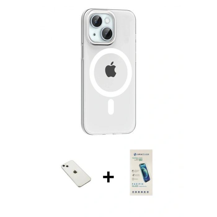MARSİLYAN™- iPhone 14 Kılıf Pusula Form Özel Seri - Şeffaf Pasifik Cam Ekran Koruyucu + Diamond Kamera Lens - SABE