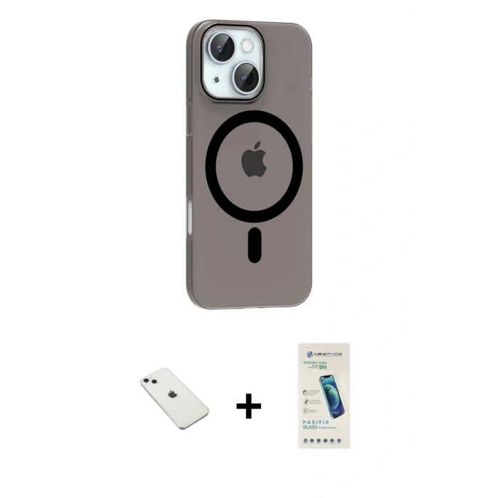 MARSİLYAN™- iPhone 14 Kılıf Pusula Form Özel Seri - Şeffaf Pasifik Cam Ekran Koruyucu + Diamond Kamera Lens - SABE