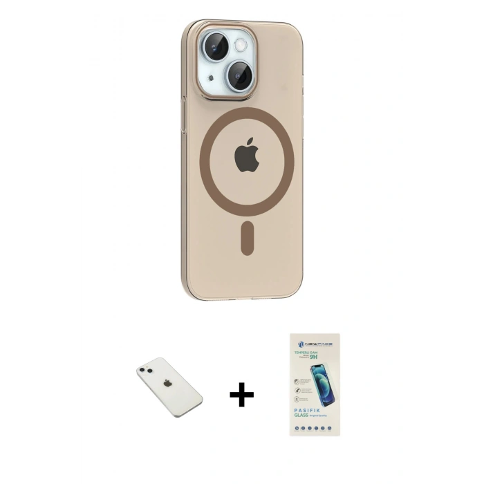 MARSİLYAN™- iPhone 14 Kılıf Pusula Form Özel Seri - Şeffaf Pasifik Cam Ekran Koruyucu + Diamond Kamera Lens - SABE