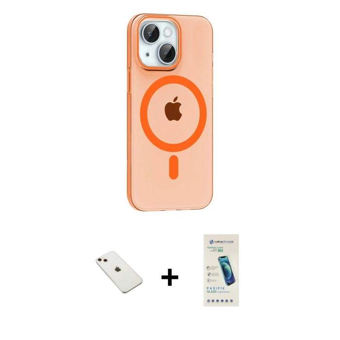 MARSİLYAN™- iPhone 14 Kılıf Pusula Form Özel Seri - Şeffaf Pasifik Cam Ekran Koruyucu + Diamond Kamera Lens - PE