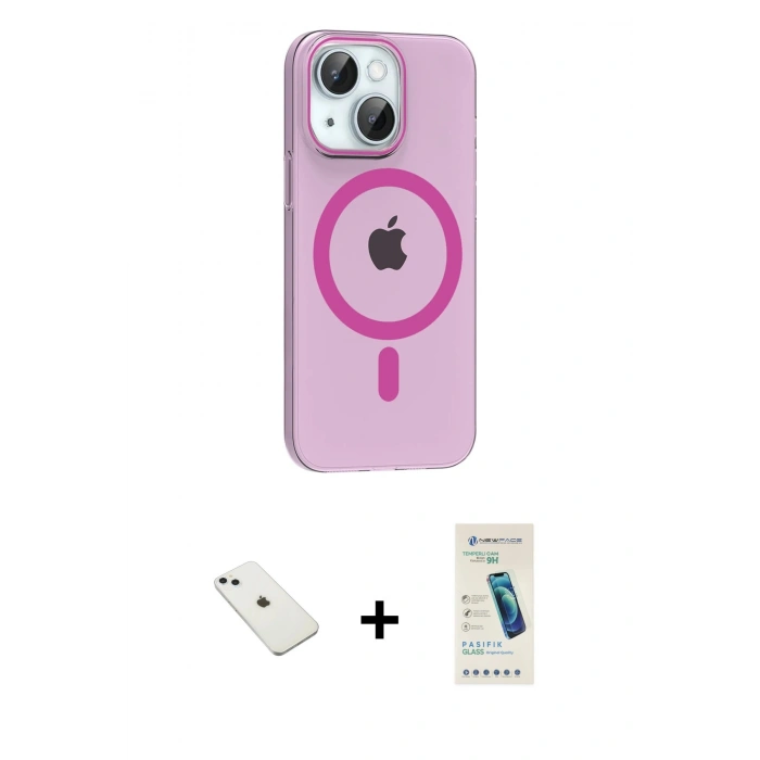 MARSİLYAN™- iPhone 14 Kılıf Pusula Form Özel Seri - Şeffaf Pasifik Cam Ekran Koruyucu + Diamond Kamera Lens - SABE
