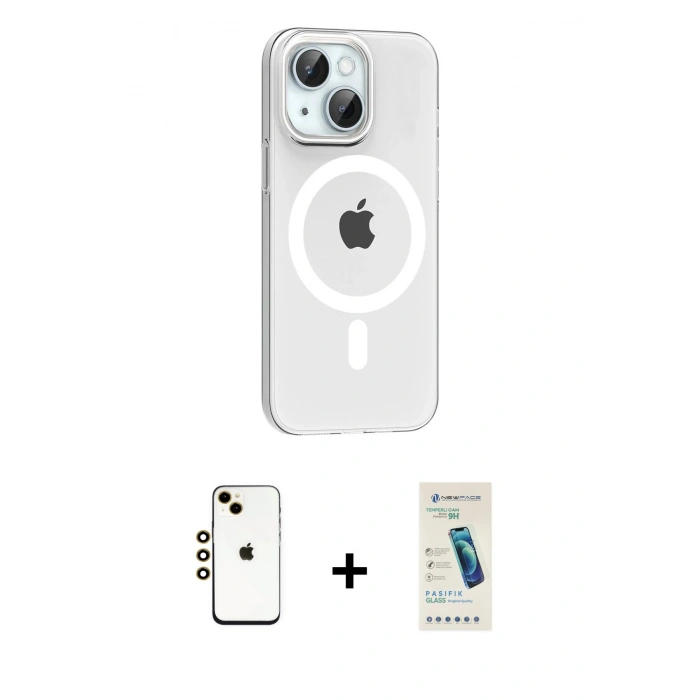 MARSİLYAN™- iPhone 14 Kılıf Pusula Form Özel Seri - Şeffaf Pasifik Cam Ekran Koruyucu + Shine Kamera Lens - GD