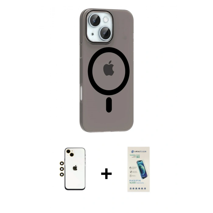 MARSİLYAN™- iPhone 14 Kılıf Pusula Form Özel Seri - Şeffaf Pasifik Cam Ekran Koruyucu + Shine Kamera Lens - GD