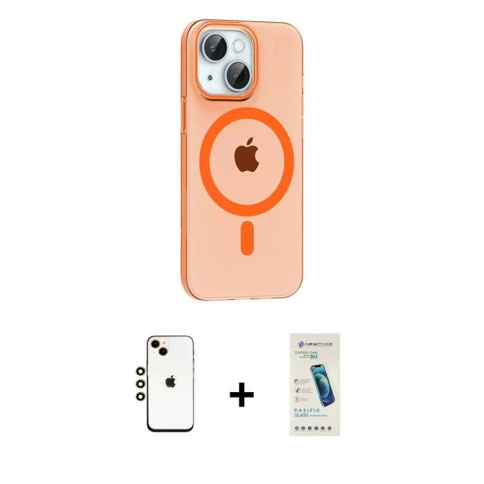 MARSİLYAN™- iPhone 14 Kılıf Pusula Form Özel Seri - Şeffaf Pasifik Cam Ekran Koruyucu + Shine Kamera Lens - GD