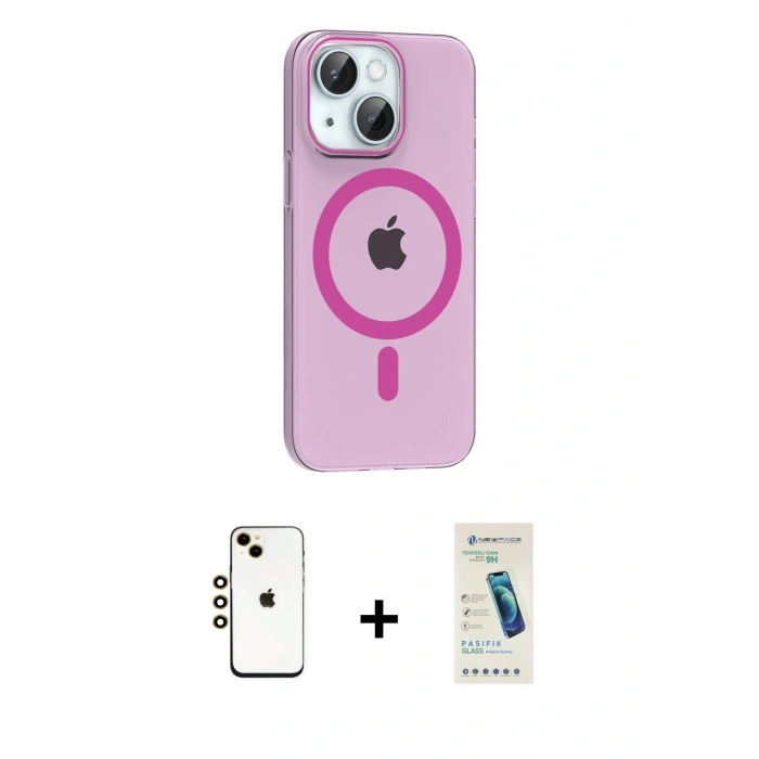 MARSİLYAN™- iPhone 14 Kılıf Pusula Form Özel Seri - Şeffaf Pasifik Cam Ekran Koruyucu + Shine Kamera Lens - GD