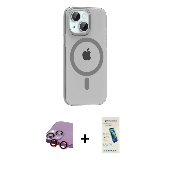 MARSİLYAN™- iPhone 14 Kılıf Pusula Form Özel Seri - Şeffaf Pasifik Cam Ekran Koruyucu + Raze Metal Kamera Lens - KI