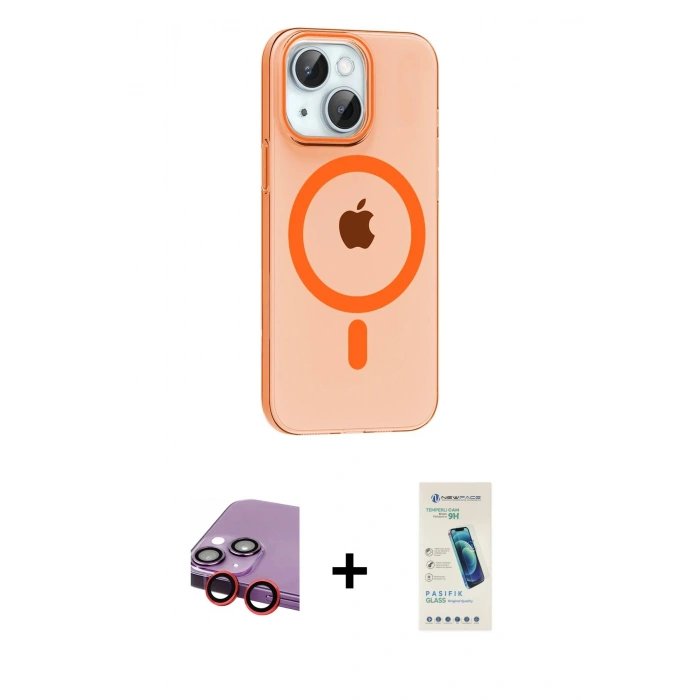 MARSİLYAN™- iPhone 14 Kılıf Pusula Form Özel Seri - Şeffaf Pasifik Cam Ekran Koruyucu + Raze Metal Kamera Lens - KI