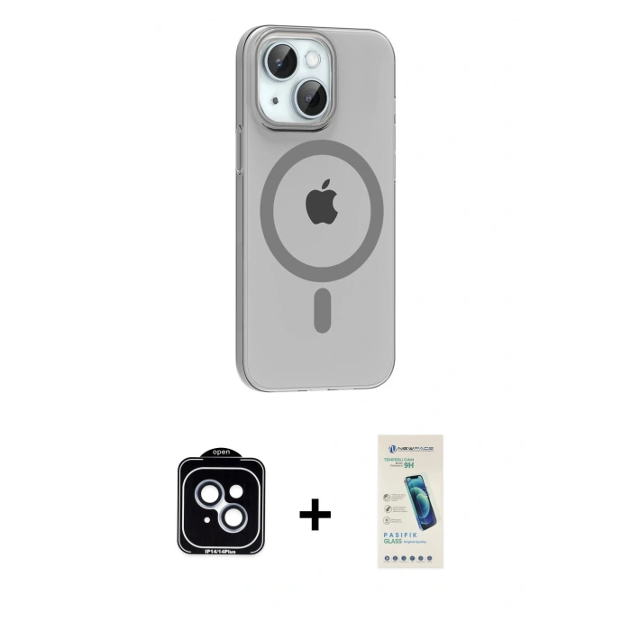 MARSİLYAN™- iPhone 14 Kılıf Pusula Form Özel Seri - Şeffaf Pasifik Cam Ekran Koruyucu + PVD Metal Kamera Lens - MI