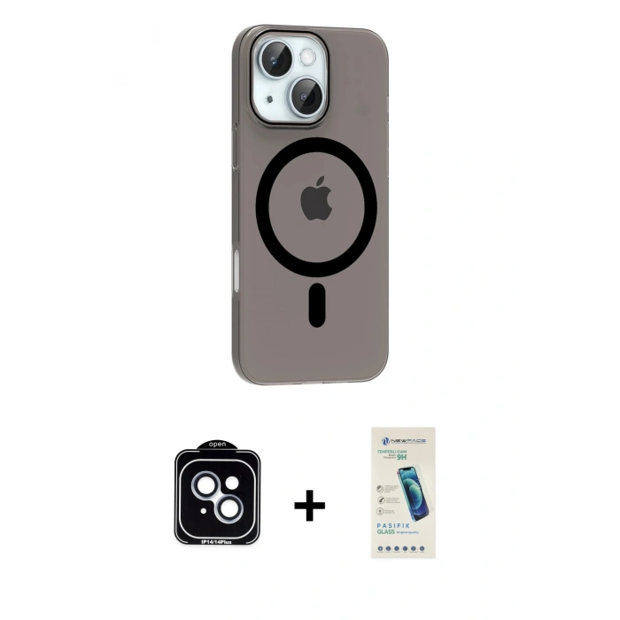 MARSİLYAN™- iPhone 14 Kılıf Pusula Form Özel Seri - Şeffaf Pasifik Cam Ekran Koruyucu + PVD Metal Kamera Lens - MI