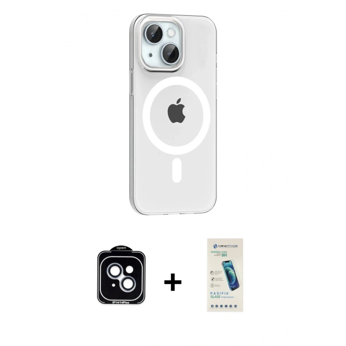 MARSİLYAN™- iPhone 14 Kılıf Pusula Form Özel Seri - Şeffaf Pasifik Cam Ekran Koruyucu + PVD Metal Kamera Lens - MI