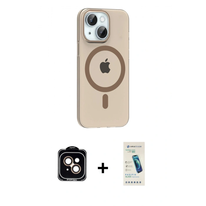 MARSİLYAN™- iPhone 14 Kılıf Pusula Form Özel Seri - Şeffaf Pasifik Cam Ekran Koruyucu + PVD Metal Kamera Lens - TU