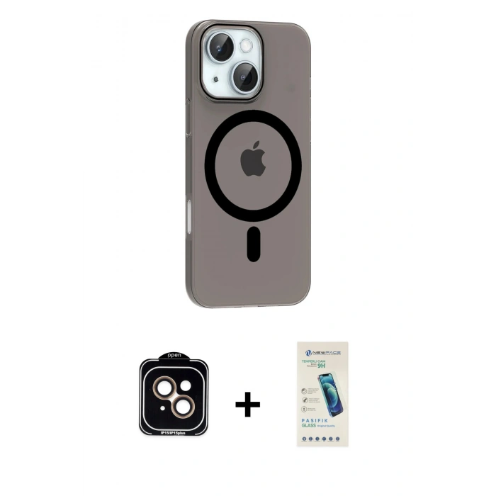 MARSİLYAN™- iPhone 14 Kılıf Pusula Form Özel Seri - Şeffaf Pasifik Cam Ekran Koruyucu + PVD Metal Kamera Lens - TU