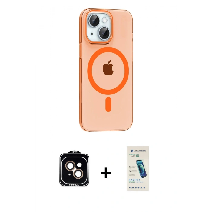 MARSİLYAN™- iPhone 14 Kılıf Pusula Form Özel Seri - Şeffaf Pasifik Cam Ekran Koruyucu + PVD Metal Kamera Lens - TU