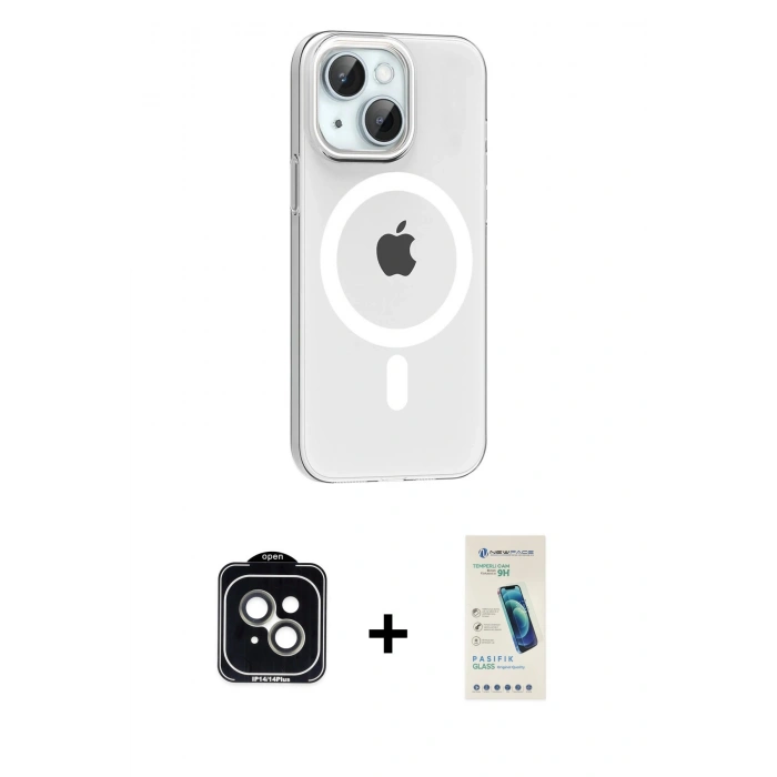 MARSİLYAN™- iPhone 14 Kılıf Pusula Form Özel Seri - Şeffaf Pasifik Cam Ekran Koruyucu + PVD Metal Kamera Lens - YL