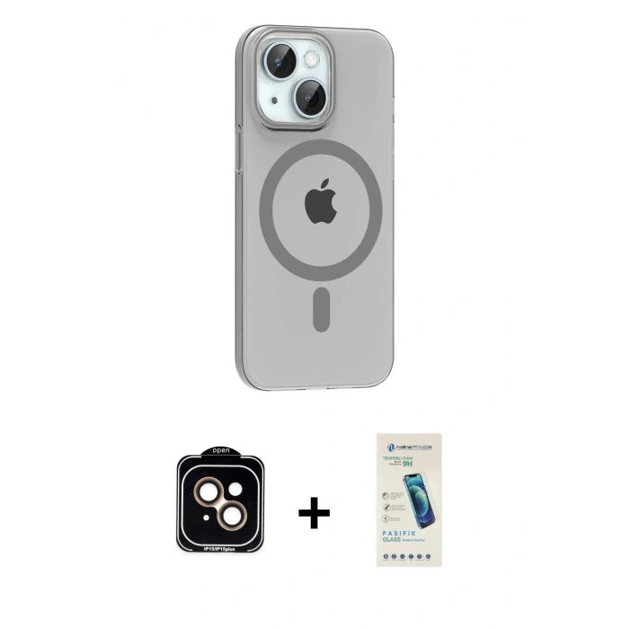 MARSİLYAN™- iPhone 14 Kılıf Pusula Form Özel Seri - Şeffaf Pasifik Cam Ekran Koruyucu + PVD Metal Kamera Lens - TU