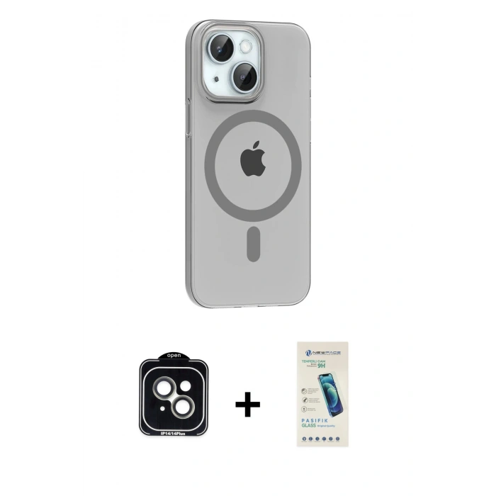 MARSİLYAN™- iPhone 14 Kılıf Pusula Form Özel Seri - Şeffaf Pasifik Cam Ekran Koruyucu + PVD Metal Kamera Lens - YL