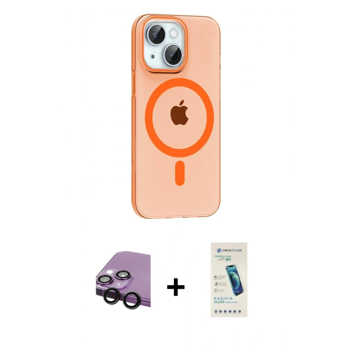 MARSİLYAN™- iPhone 14 Kılıf Pusula Form Özel Seri - Şeffaf Pasifik Cam Ekran Koruyucu + Raze Metal Kamera Lens - SH