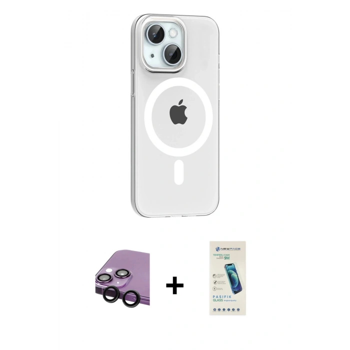 MARSİLYAN™- iPhone 14 Kılıf Pusula Form Özel Seri - Şeffaf Pasifik Cam Ekran Koruyucu + Raze Metal Kamera Lens - SH