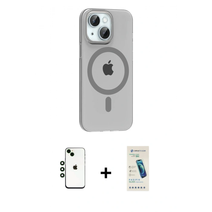MARSİLYAN™- iPhone 14 Kılıf Pusula Form Özel Seri - Şeffaf Pasifik Cam Ekran Koruyucu + Shine Kamera Lens - YL