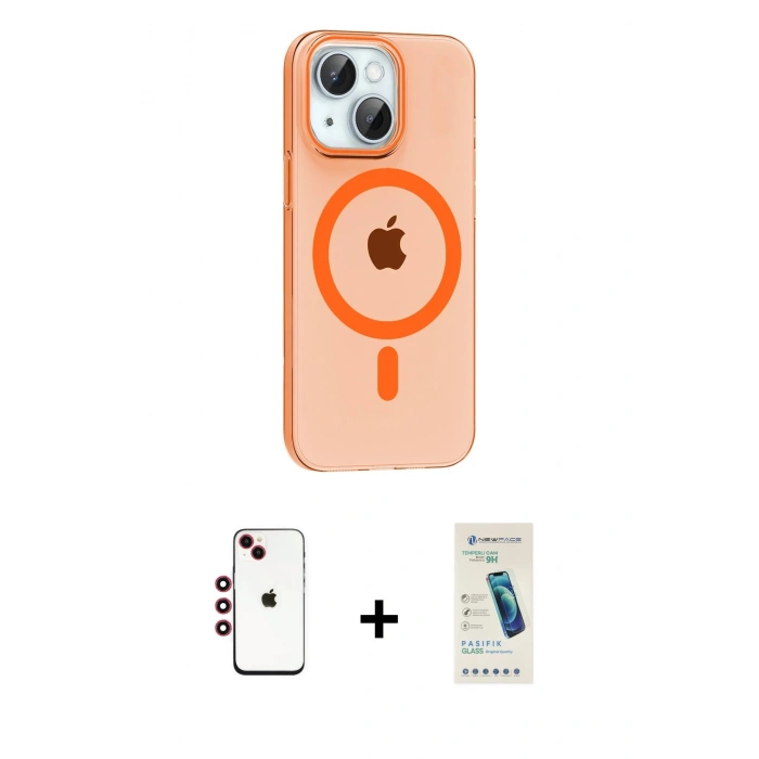 MARSİLYAN™- iPhone 14 Kılıf Pusula Form Özel Seri - Şeffaf Pasifik Cam Ekran Koruyucu + Shine Kamera Lens - KI