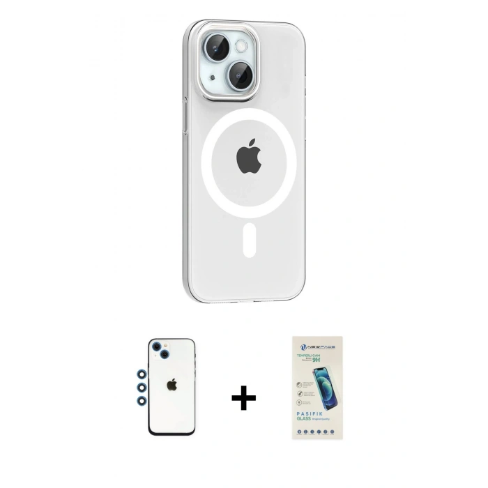 MARSİLYAN™- iPhone 14 Kılıf Pusula Form Özel Seri - Şeffaf Pasifik Cam Ekran Koruyucu + Shine Kamera Lens - MI